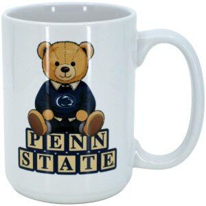 white mug with bear sitting on Penn State blocks